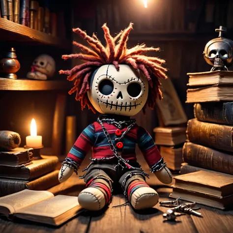 (knitted toy voodoo doll:1.7), (voodoo doll with tinfoil hat:1.4), (Clothing: ragged shirt and pants:1.0), (Accessories: small pins, mysterious symbols:1.1), (background: dimly lit attic with dusty shelves and old books:1.2), best quality, masterpiece, det...