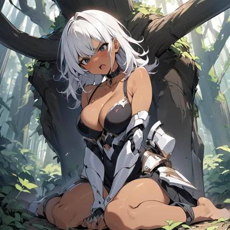 (anime style),masterpiece, best quality, extremely detailed,18Years old,tanned skin,dark skin, Beautiful body,rarge breasts press,BREAK,multicolored colorful white hair,shaggy hair,very short hair,BREAK,black eyes,black choker,dignified face,disgust,angry ...