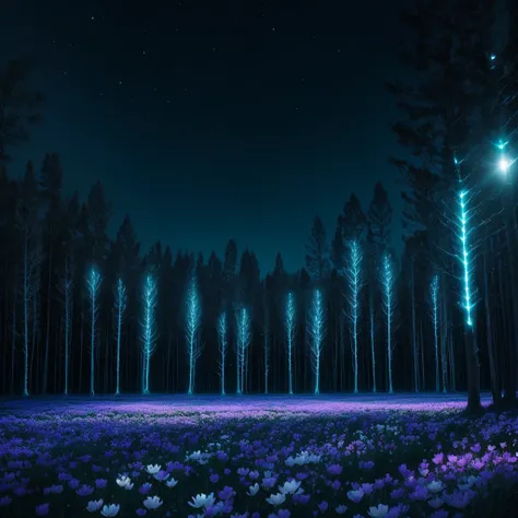 there are many white flowers in the dark with a black background, digital art by Bruce Munro, flickr, conceptual art, glowing flowers, luminous flowers, beautiful blue lights, glowing blue, bioluminescent plants, night sky full of flowers, blues. beautiful...