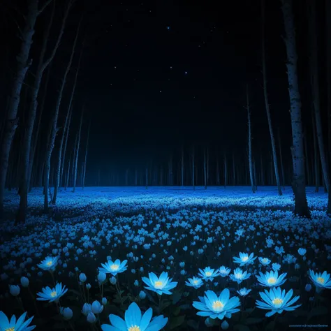 there are many white flowers in the dark with a black background, digital art by Bruce Munro, flickr, conceptual art, glowing flowers, luminous flowers, beautiful blue lights, glowing blue, bioluminescent plants, night sky full of flowers, blues. beautiful...