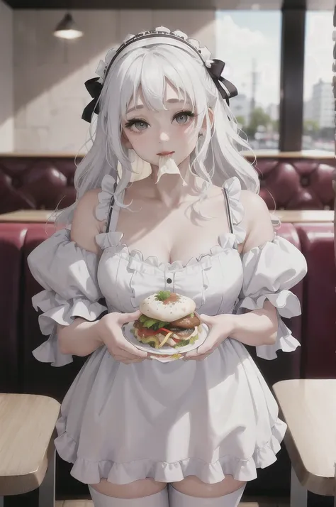 absurdres, best quality, 1girl, solo, looking at viewer, eye focus,  LucoaDM, CasualCL, chubby face,white hair,curly hair,white eyes,white lolita dress,tiny wings,rosy cheeks,eating meal at restaurant,!!!pov!!!