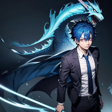 one japanese man, blue hair, orange eyes, high res, masterpiece, ultrasharp, jujustu kaisan style, jujutsu kaisen background, with a dragon