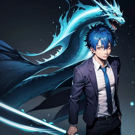 one japanese man, blue hair, orange eyes, high res, masterpiece, ultrasharp, jujustu kaisan style, jujutsu kaisen background, with a dragon