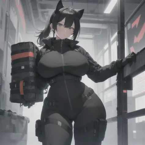 Absurd resolution,high resolution,(masterpiece: 1.4),hyper-detail,fullbody shot,full frontal camera perspective,solo,shorter,standing straight up,1 kemono feline cat woman,no skin other than neck and head shown,utility suit,black hair,messy ponytail,cute f...