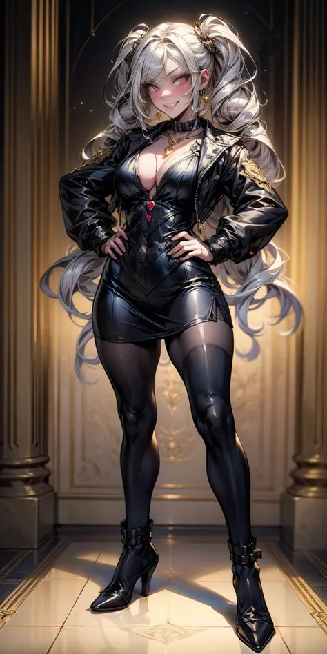 1solo Milf full body standing straight symmetrical, looking at viewer, hands on hips, twin drills twintails, striped pantyhose, golden handcuffs on their hands with a black leather collar around the golden heart necklace, hands on hips, lustful smirking sm...