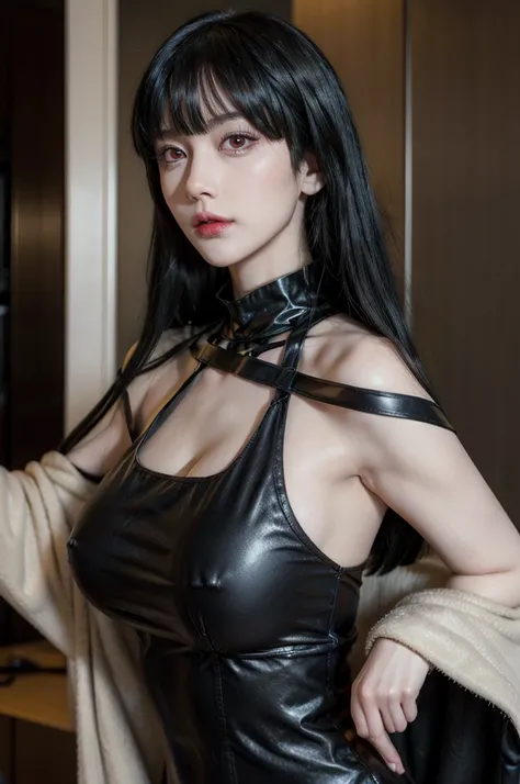 Yor from spy x family, realistic, age 25, pure white skin, dark red pupils, black long hair, black assassin dress, perfect face, perfect shape body, large breasts, clothes covered upper body, 3d .