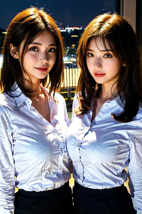 ((super high quality、High resolution、masterpiece、 Anatomically correct、Super detailed photos、Ultra-realistic photos、 Highest quality))、(3girls)、Group photo、looking at viewer、natural lighting、(Portrait Photography)、(White business shirt:1.2)、(from front)、(h...