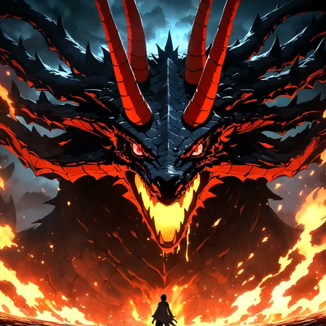 Dragon, black scales, vibrant red eyes, evil gaze, focus on face, focus on expression, fire scenery,"Anime features inspired by One Piece, drenched in dramatic and incredible lighting, dramatic lighting, infused with creative details, ultra-fine 2D design,...