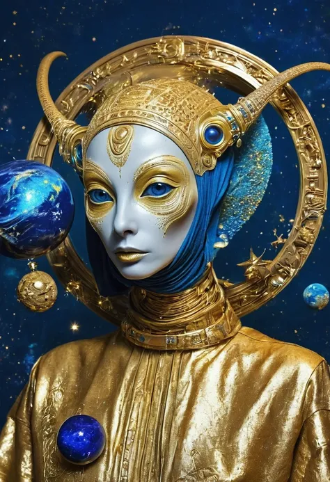 Artistic creativity：1.5，Golden Alien Portrait，Blue Background，Planet Decoration，Artistic Creativity:1.37