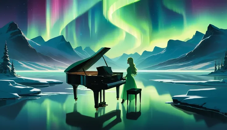 A mysterious and enchanting scene with one piano placed on the water under a sky full of aurora borealis. ((A beautiful woman is standing in front of the piano.)) The water surface reflects the view of the Northern Lights and is surrounded by silence. The ...