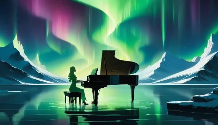 A mysterious and enchanting scene with one piano placed on the water under a sky full of aurora borealis. ((A beautiful woman is standing in front of the piano.)) The water surface reflects the view of the Northern Lights and is surrounded by silence. The ...