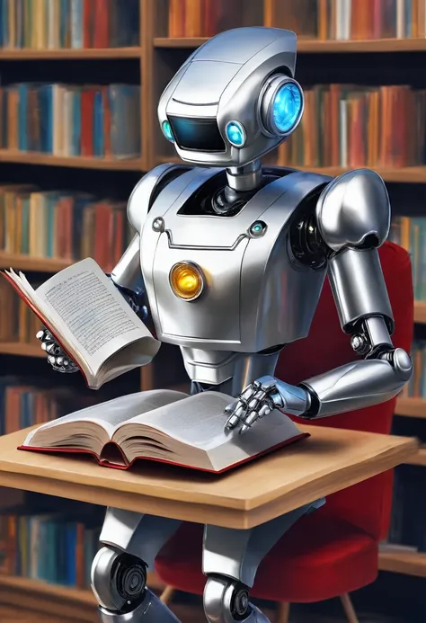 A SILVER ROBO TEACHING A  TO READ