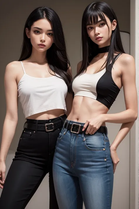 Image of a beautiful model wearing high-waisted jeans and a black cloth belt 