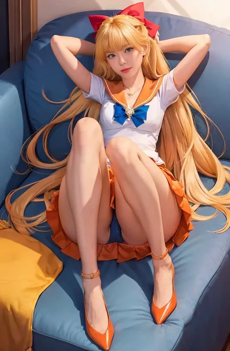 masterpiece, best quality, high resolution, Venus 1, 1 girl, Solitary, Sailor Soldiers, Sailor Venus, Minako Aino, Blonde, Magical girl, blue eyes, orangeskirt, Headdress, Pleated Skirt, bow, Orange sailor collar, mini skirt, necklace, red bow, orange neck...