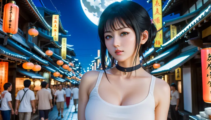 (backlight,navel:1.1,black hair), A beautiful woman wearing a white tank top on a busy street in Gintama, surrounded by merchants, Beautiful portrait of a stunning goddess girl, Beautiful detailed face, porcelain skin, half body shot, center,((moon,night,b...