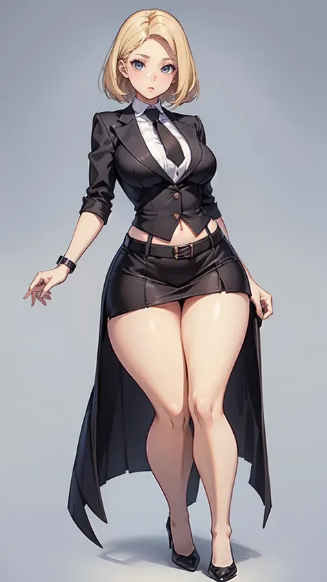 blank background, (((full body))), (masterpiece), ((best quality)), (flat chest), tiny breast, straight hair (curvy:1.7), (very short skirt), shoes, belt below navel, blonde,  (black suit and tie)