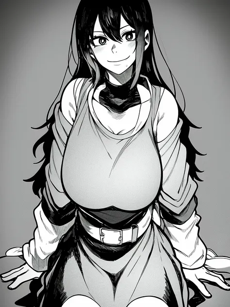 scary girl in highschool dress, looking at me with evil smile, manga style, black and white, room in background