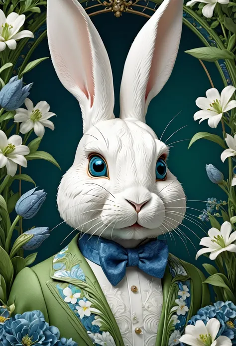 Mechanical Rabbit，lifelike，Anthropomorphic rabbit，Character setting，Ultra-detailed graphics，Delicate face，8K，magazine cover，Floral background decoration，Strong color contrast，Darker color，Blue, green and white