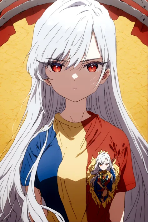 white hair girl (nano) wearing the shirt with the three colors yellow, blue and red in the center of the shirt the shield of ecu...