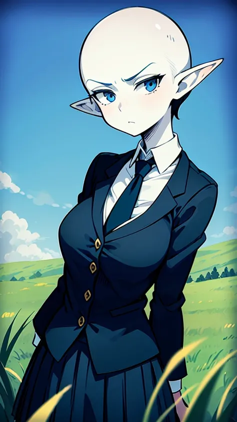 1girl ,solo,20s,mature female,serious face,short hair,elf ears,(grass),shirt,black standard tie,blue blazer,long sleeves, black pleated skirt,(upper body),frosty white Skin , Icy white hair ,Glacial blue eyes,bald