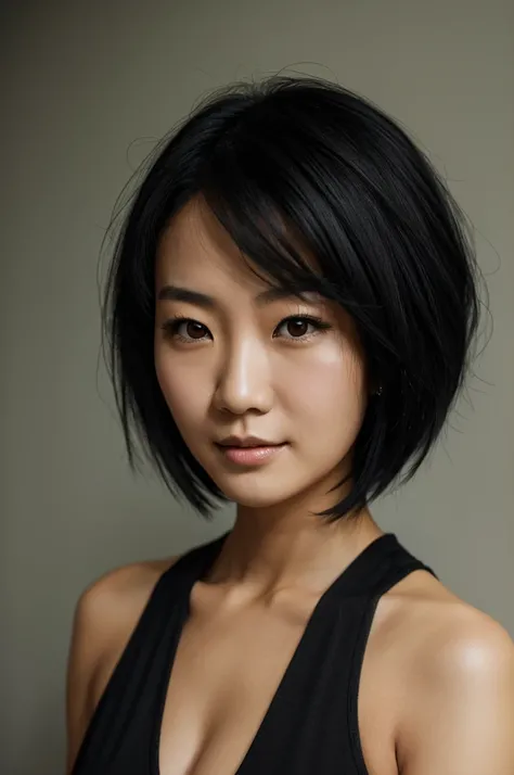 Woman of 33 with short black hair above her shoulders and black eyes plus Asian features