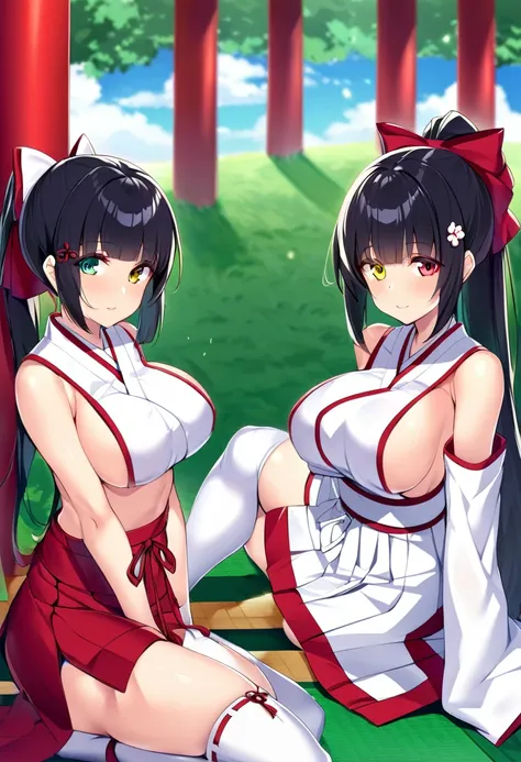 multiple girls, two girls, pair, twins, long hair, ponytail, breasts, looking at viewer, black hair, hair accessory, gloves, sitting, yellow eyes, thighs, white gloves, exposed navel, thigh straps, heterochromia, skimpy clothing, chest curtains, very large...