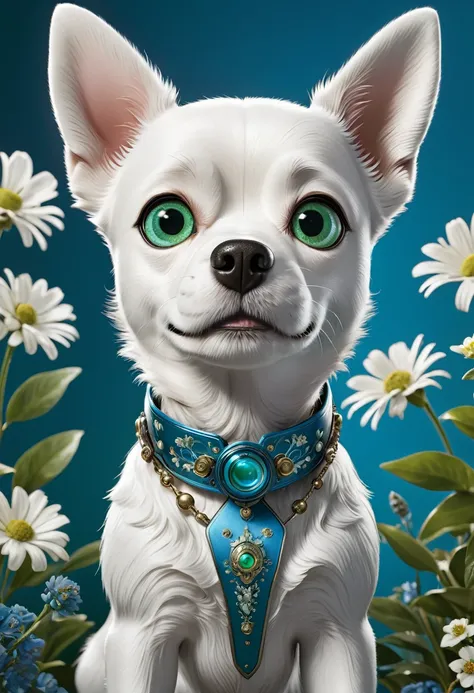 Robot Dog，lifelike，Anthropomorphic dogs，Character setting，Ultra-detailed graphics，Delicate face，8K，magazine cover，Floral background decoration，Strong color contrast，Darker color，Blue, green and white