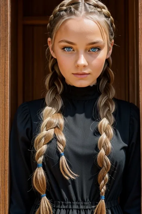 blue eyed girl, norwegian scandinavian with braids, beautiful in black dress 