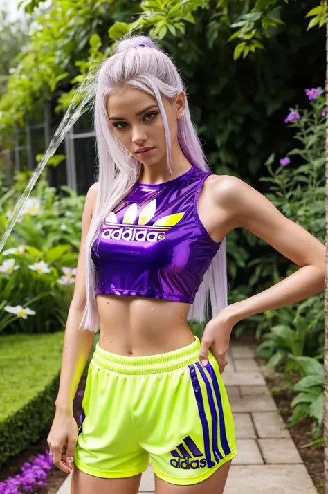 , beautiful, wear crop top T- shirts, shiny adidas shorts, purple, white, wet look, in the garden, yellow long hair