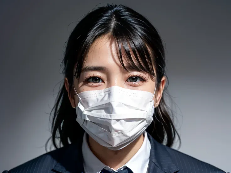 A middle-aged Japanese man wearing a suit and a suspicious white mask covering most of his face. The background is dark and mysterious.