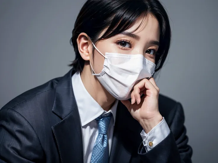 A middle-aged Japanese man wearing a suit and a suspicious white mask covering most of his face. The background is dark and mysterious.