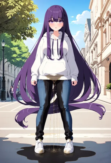 (masterpiece:1.37), best quality, (extremely detailed:1.37) woman, (adult:1.5), (very long hair:1.5), dark purple hair, purple eyes, (extremely detailed eyes:1.37), breasts, hoodie, jeans, (wetting herself:2.0), standing straight, full body day, daytime, g...