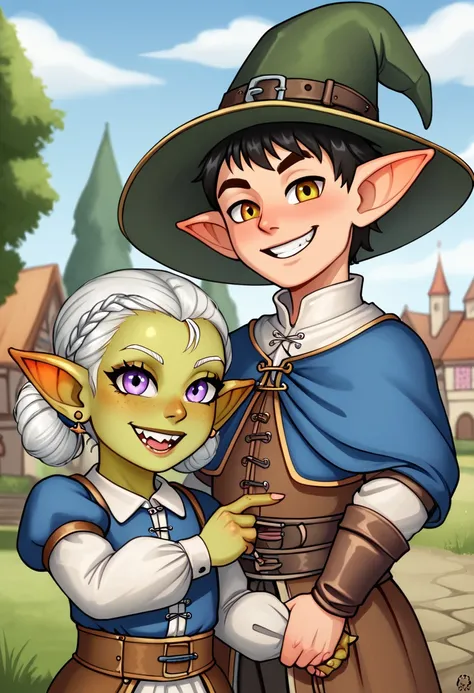 A charming male goblin with green skin and a huge smile. Medieval, cartoon, comical