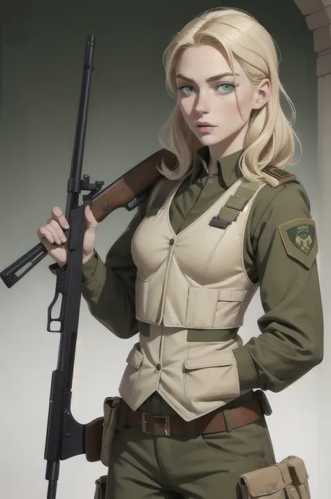 HD quality, blonde woman, russian traits, green eyes, attractive face, pale skin, military uniform, bulletproof vest, rifle in hand