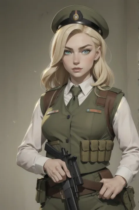 HD quality, blonde woman, russian traits, green eyes, attractive face, pale skin, military uniform, bulletproof vest, rifle in hand