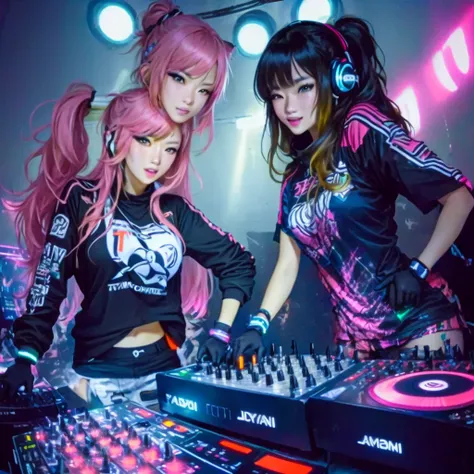 two women standing next to each other in front of a DJs table, DJ set, Ayami Kojima and Ryde Caldwell, DJ rave , DJing with DJ turntables, Turntablist, Penguins 0, turntablism DJ scratching, Neon lights of the future on the roof, Trending on cgstation, DJ,...