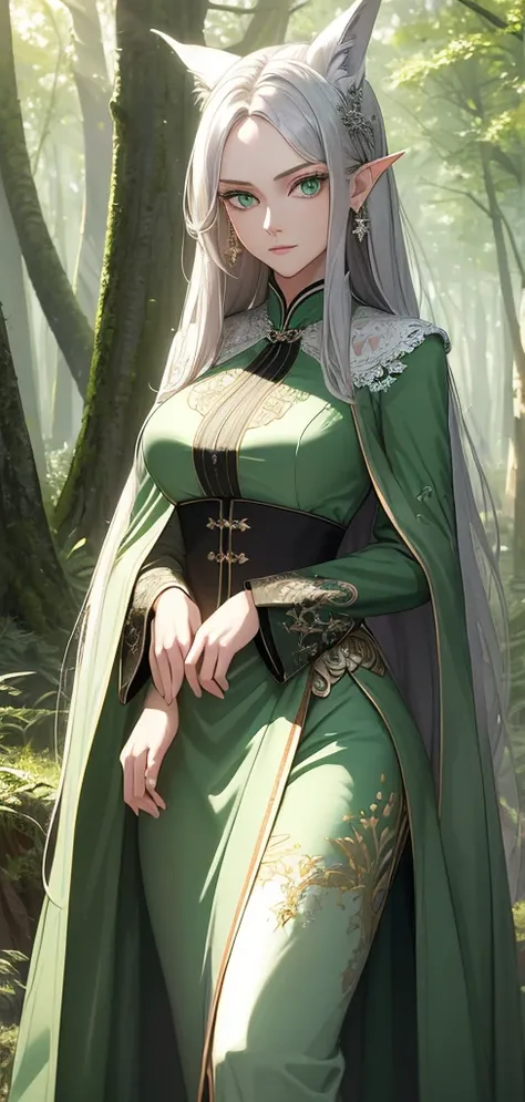 (((masterpiece, best quality, Super Detail))), ((Very refined)), ((Beautiful and delicate face)), A woman, Divine Beauty Silver Long Straight Hair, Beautiful bright green eyes, Long ears, Green clothes,forest精灵,Serious expression, forest, Sunlight through ...