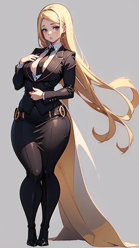 blank background, (((full body))), (masterpiece), ((best quality)), (flat chest), tiny breast, straight hair (curvy:1.8), (very short skirt), shoes, belt below navel, blonde,  (black suit and tie)