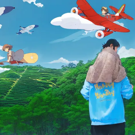 A man is standing in front of a cartoon airplane, Ghibli art style, Ghibli style, Ghibli style, studio Ghibli style, The style of Ghibli animation style, Studio Ghibli style, The style of Ghibli animation, Studio Ghibli animation style, Studio Ghibli Aesth...