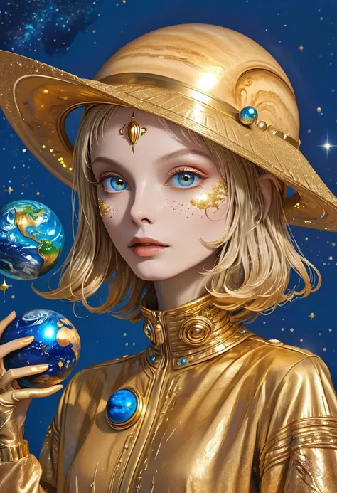 Artistic creativity：1.5，Golden Alien Portrait，Blue Background，Planet Decoration，Artistic Creativity:1.37