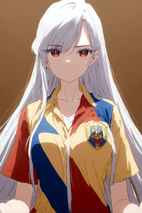 white hair girl (nano) wearing the ecuador shirt with the 3 colors yellow, blue and red in the center of the shirt the shield of...