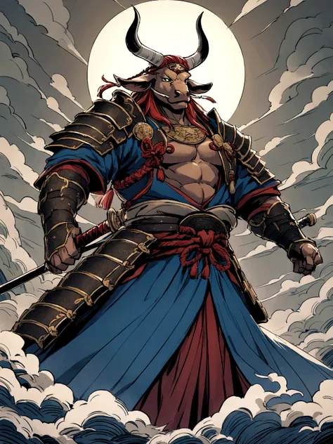 Minotaur in Greek mythology，Wearing Chinese Armor，He wears a blue robe over his Armor，Inspired by the classics of mountains and seas，cow head，cow horn，Armor，long-handled weapon，long spear，Moon Bull Samurai, Anthropomorphic samurai cow，black bull samurai，As...