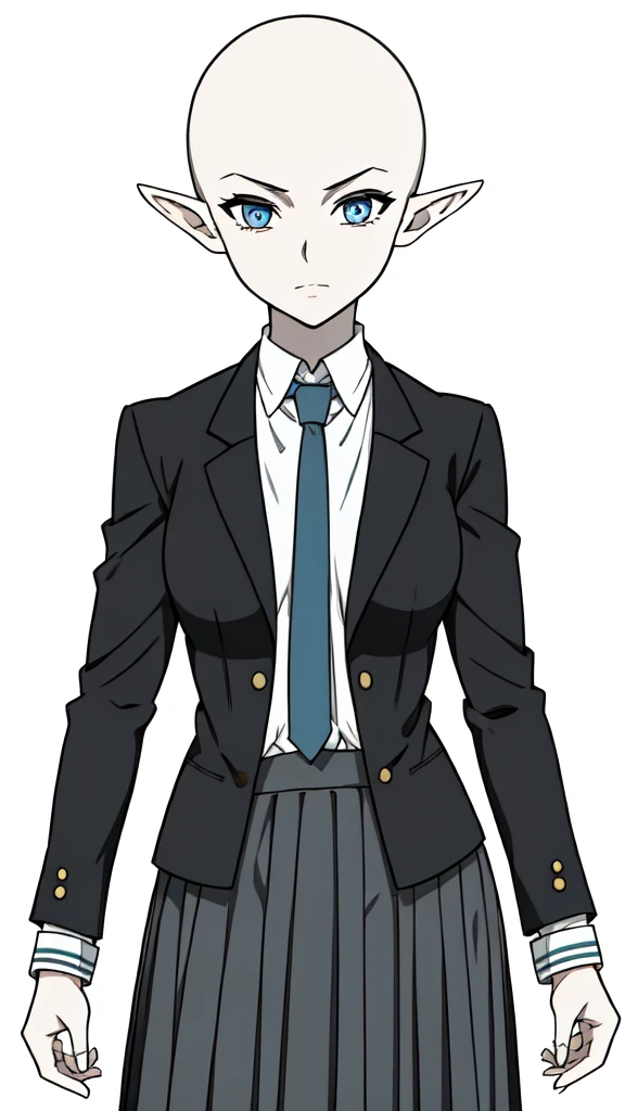 1girl ,solo,20s,mature female,serious face,elf ears,(white background, line drawing),shirt,black standard tie,blue blazer,long sleeves, black pleated skirt,(upper body),frosty white Skin,Glacial blue eyes,bald