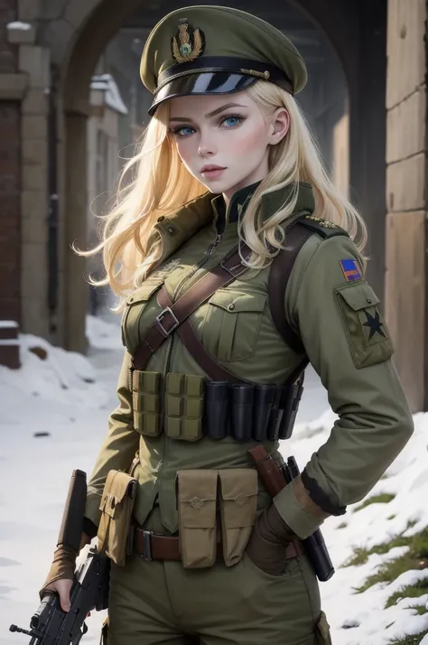 HD quality, blonde woman, russian traits, green eyes, attractive face, pale skin, military uniform, bulletproof vest, rifle in hand