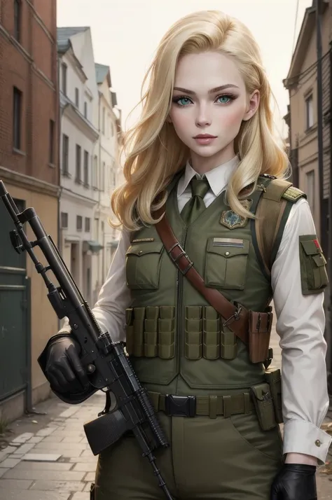 HD quality, blonde woman, russian traits, green eyes, attractive face, pale skin, military uniform, bulletproof vest, rifle in hand