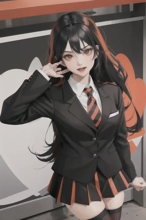 absurdres, best quality, 1girl, solo, looking at viewer, eye focus,  LucoaDM, CasualCL, long straight orange and black hair,red eyes,red and black striped skirt,red striped tie,white uniform,black socks,fangs