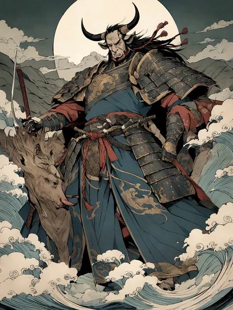 Minotaur in Greek mythology，Wearing Chinese Armor，He wears a blue robe over his Armor，Inspired by the classics of mountains and seas，cow head，cow horn，Armor，long-handled weapon，long spear，Moon Bull Samurai, Anthropomorphic samurai cow，black bull samurai，As...