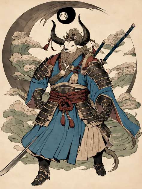 Minotaur in Greek mythology，Wearing Chinese Armor，He wears a blue robe over his Armor，Inspired by the classics of mountains and seas，cow head，cow horn，Armor，long-handled weapon，long spear，Moon Bull Samurai, Anthropomorphic samurai cow，black bull samurai，As...