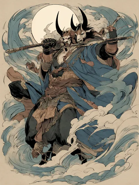 Minotaur in Greek mythology，Wearing Chinese Armor，He wears a blue robe over his Armor，Inspired by the classics of mountains and seas，cow head，cow horn，Armor，long-handled weapon，long spear，Moon Bull Samurai, Anthropomorphic samurai cow，black bull samurai，As...