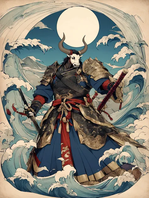 Minotaur in Greek mythology，Wearing Chinese Armor，He wears a blue robe over his Armor，Inspired by the classics of mountains and seas，cow head，cow horn，Armor，long-handled weapon，long spear，Moon Bull Samurai, Anthropomorphic samurai cow，black bull samurai，As...